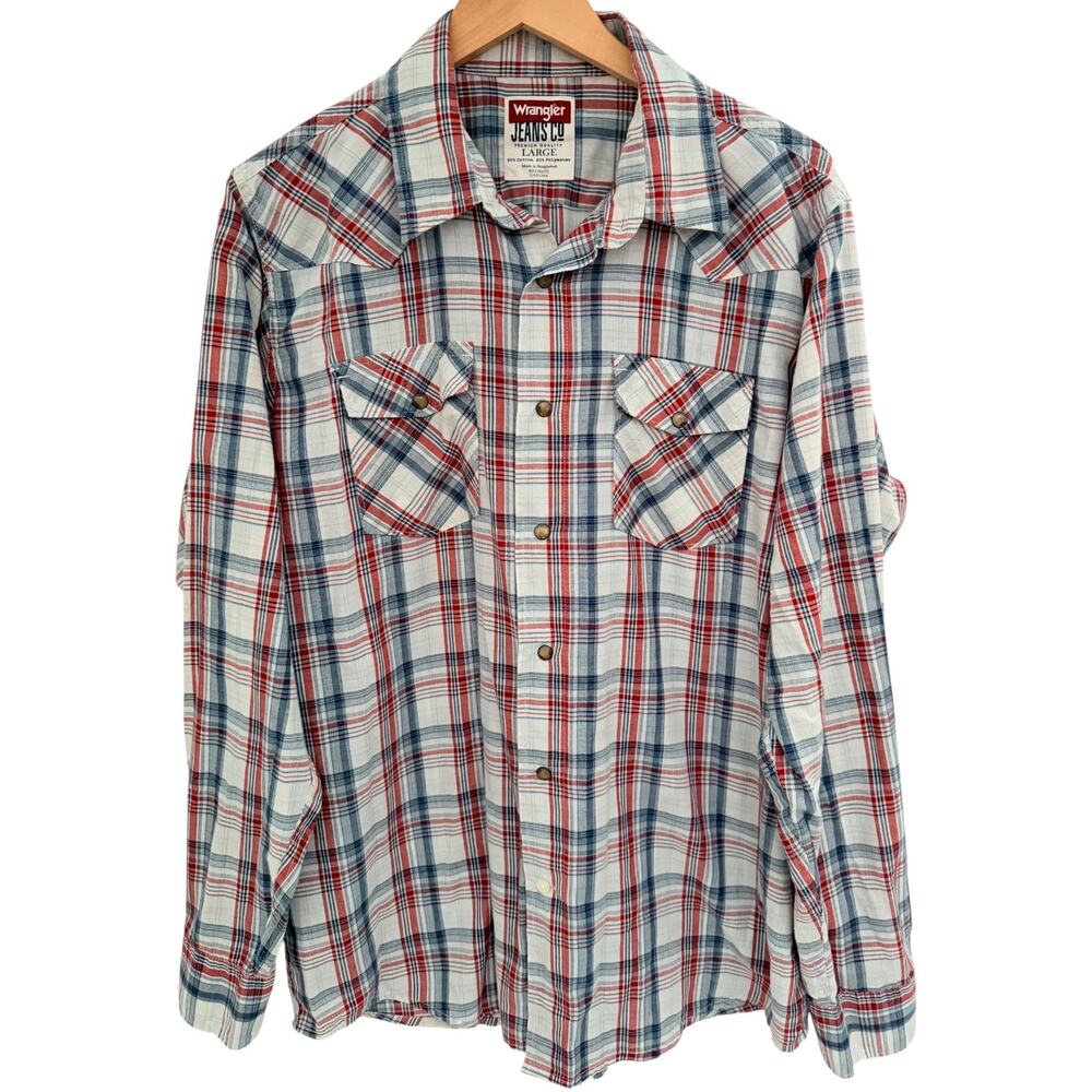 Wrangler Jeans Co Western Shirt Mens L Plaid Pearl Snap Cowboy Shirt